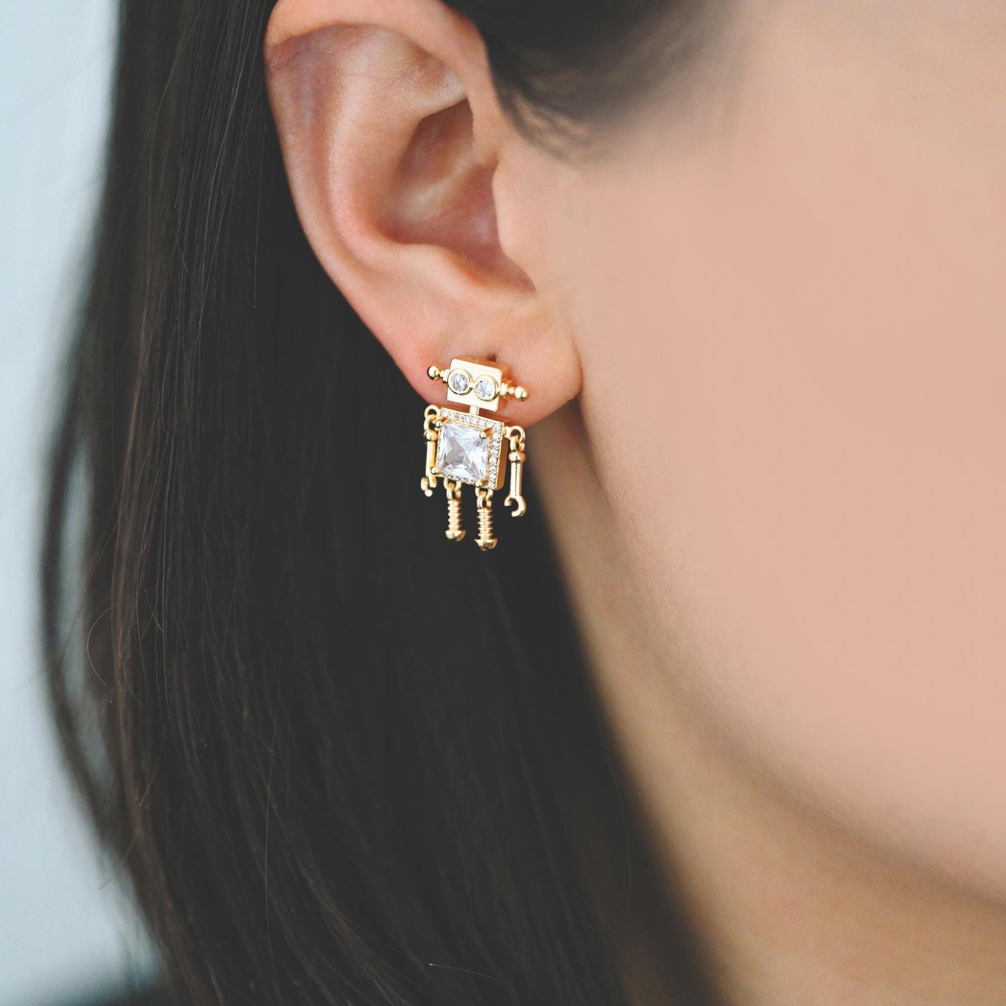 4pcs CZ Pave Gold Robot Earrings 22x14mm, Gold Plated Brass, Dainty Robot Stud Earrings (GB-4078)